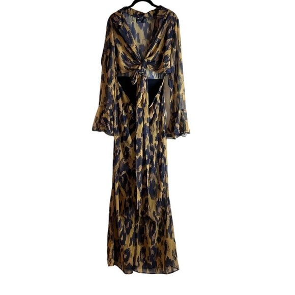 Asos Design Wrap Front Fluted Sleeve Jumpsuit Flowy Leopard Print - Picture 4 of 12